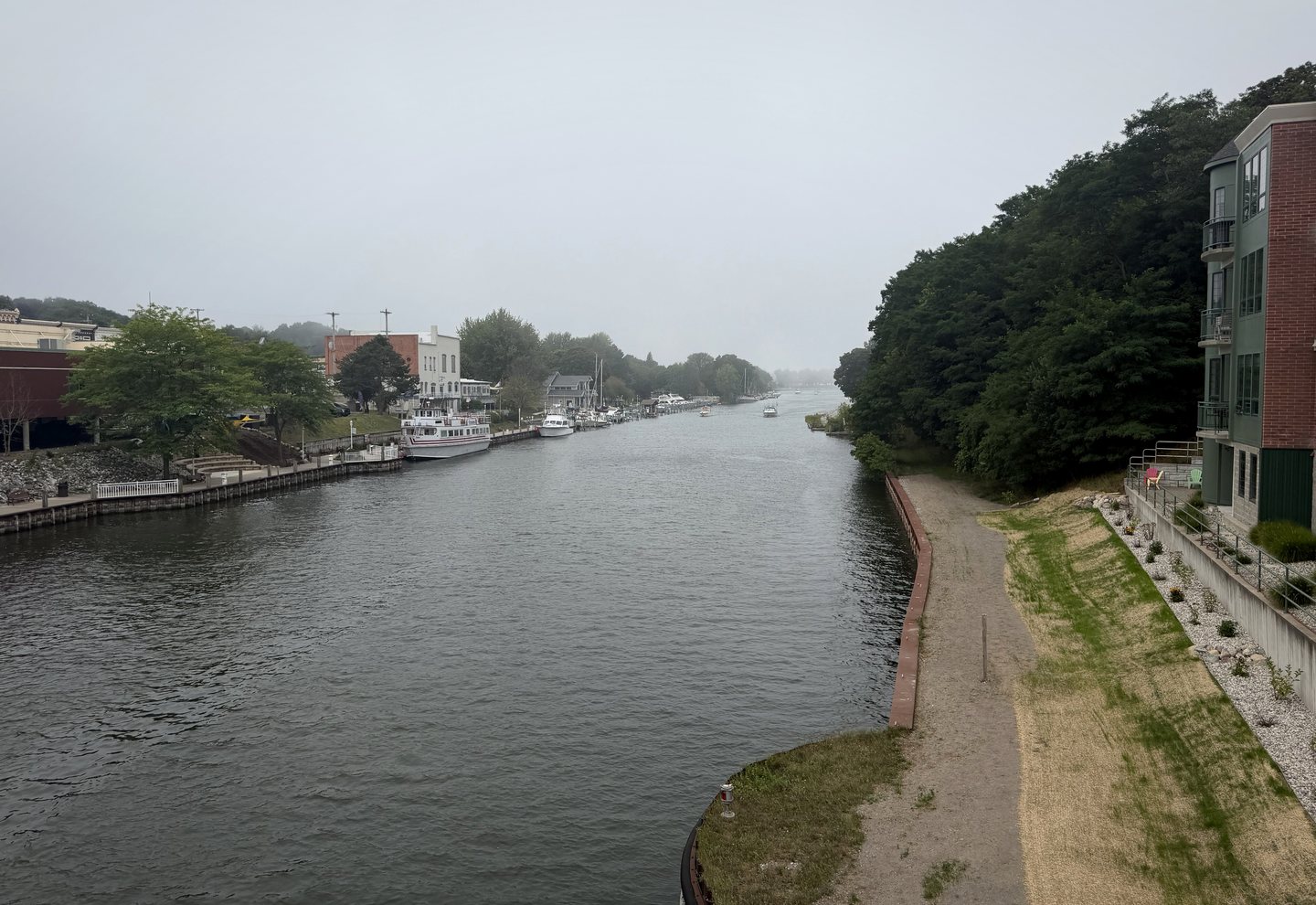 The Manistee channel and harbor viewed from above.