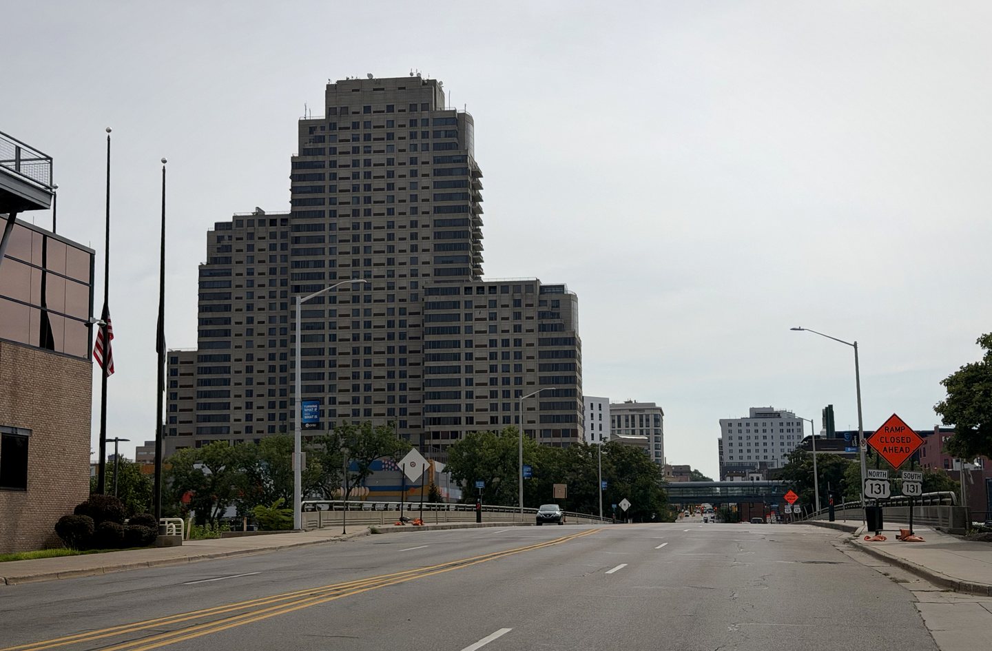 A downtown Grand Rapids street with the city skyline ahead during the 2026 ride.