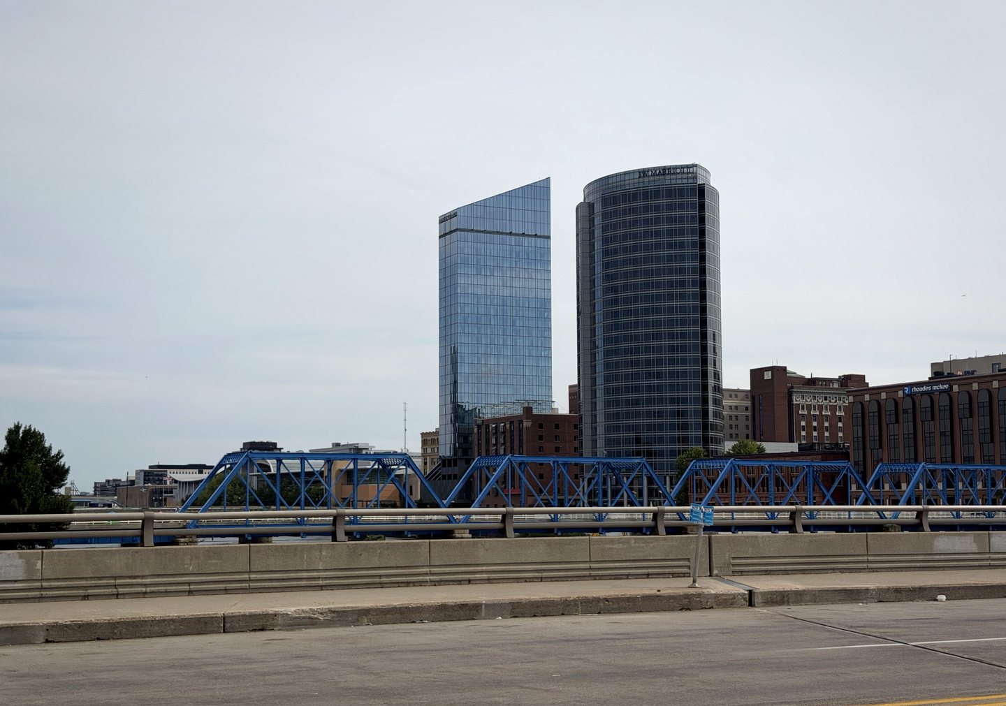 The Grand Rapids skyline rising beyond the Blue Bridge.
